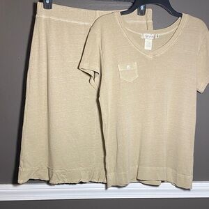 Fresh Produce 100% Cotton Beige V-Neck Top and Raw Edge Trimmed Skirt Set